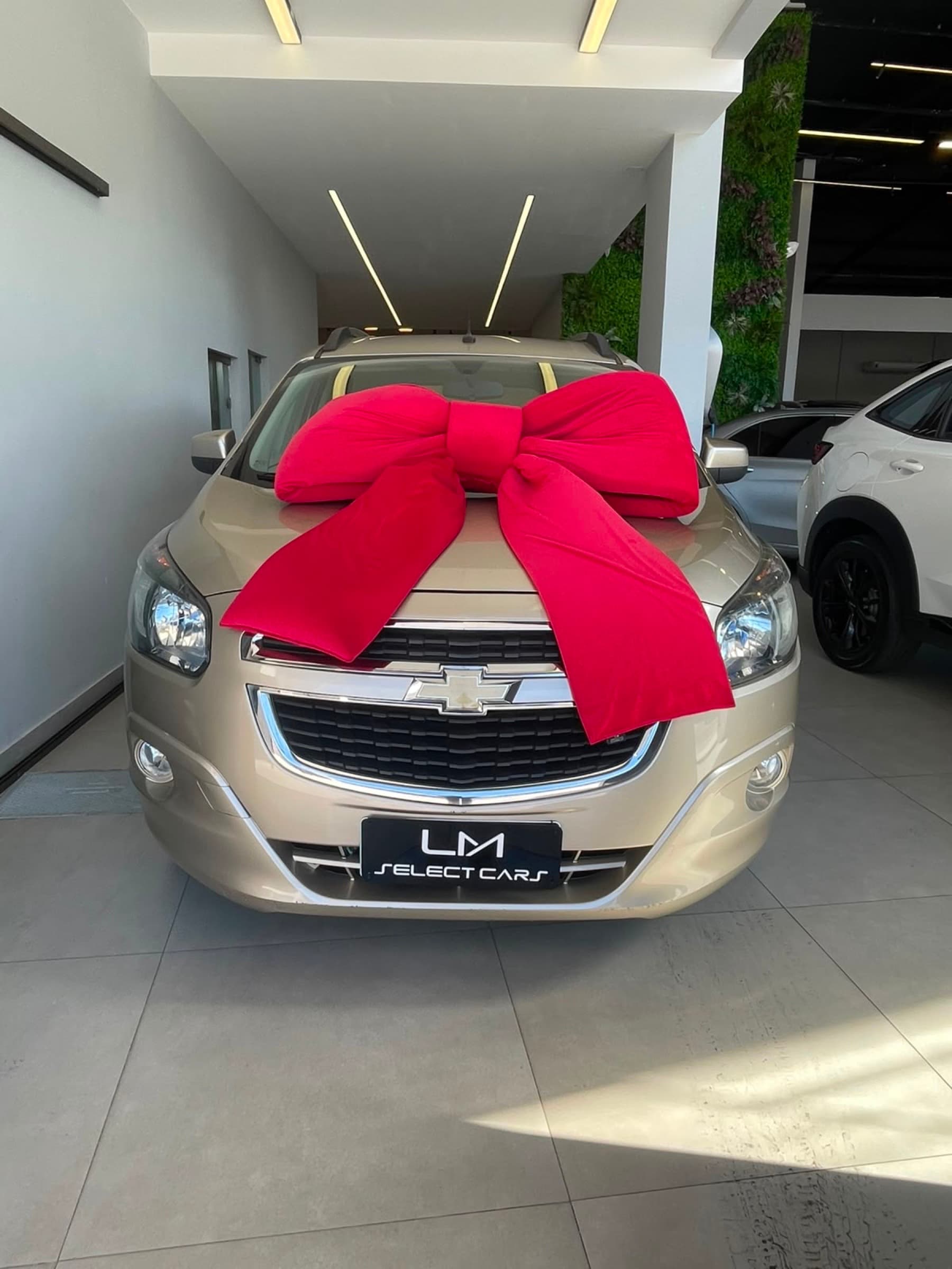 Entrega de carro com laço vermelho no showroom LM